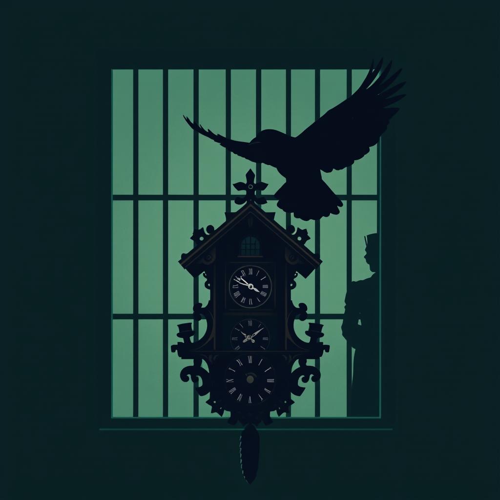 A film poster concept for "One Flew Over the Cuckoo's Nest" without the title, featuring a cuckoo bird flying over a traditional cuckoo clock