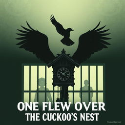 A film poster concept for "One Flew Over the Cuckoo's Nest" without the title, featuring a cuckoo bird flying over a traditional cuckoo clock