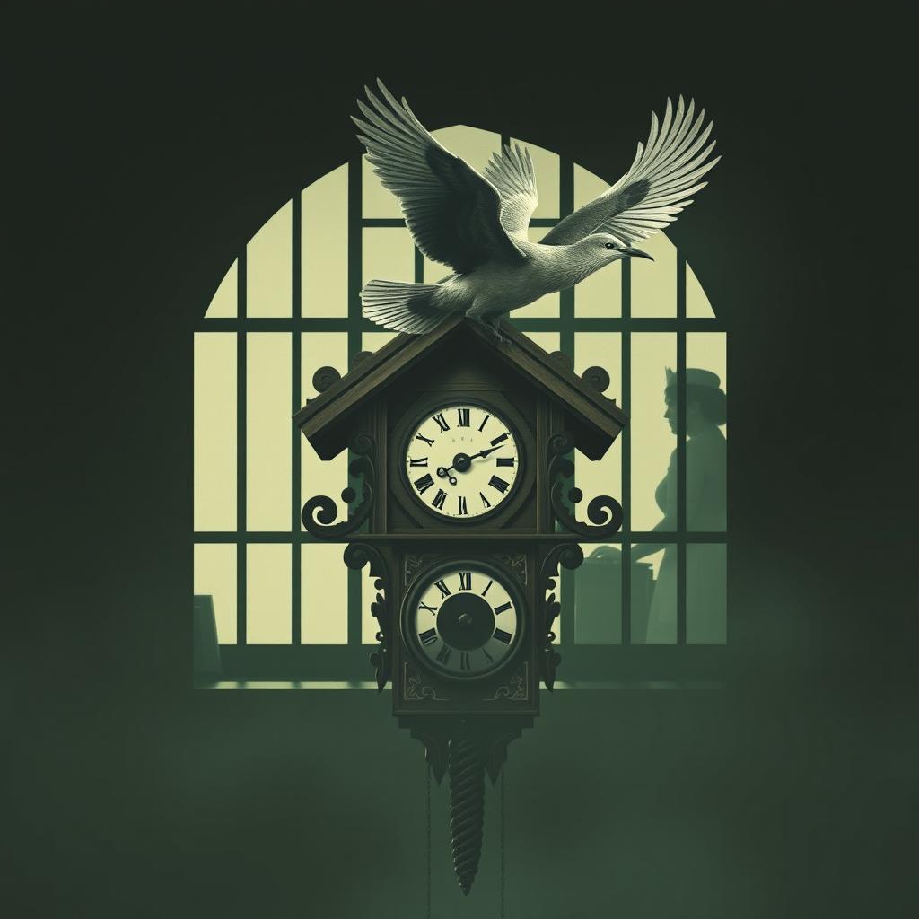 A film poster concept for "One Flew Over the Cuckoo's Nest" without the title, featuring a cuckoo bird flying over a traditional cuckoo clock