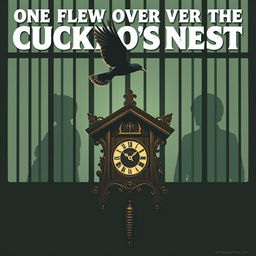 A film poster concept for "One Flew Over the Cuckoo's Nest" without the title, featuring a cuckoo bird flying over a traditional cuckoo clock