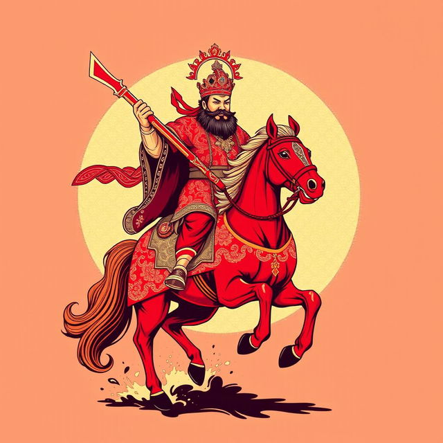 A striking t-shirt design featuring Kwan Kong riding a red horse and wielding a large traditional Chinese saber