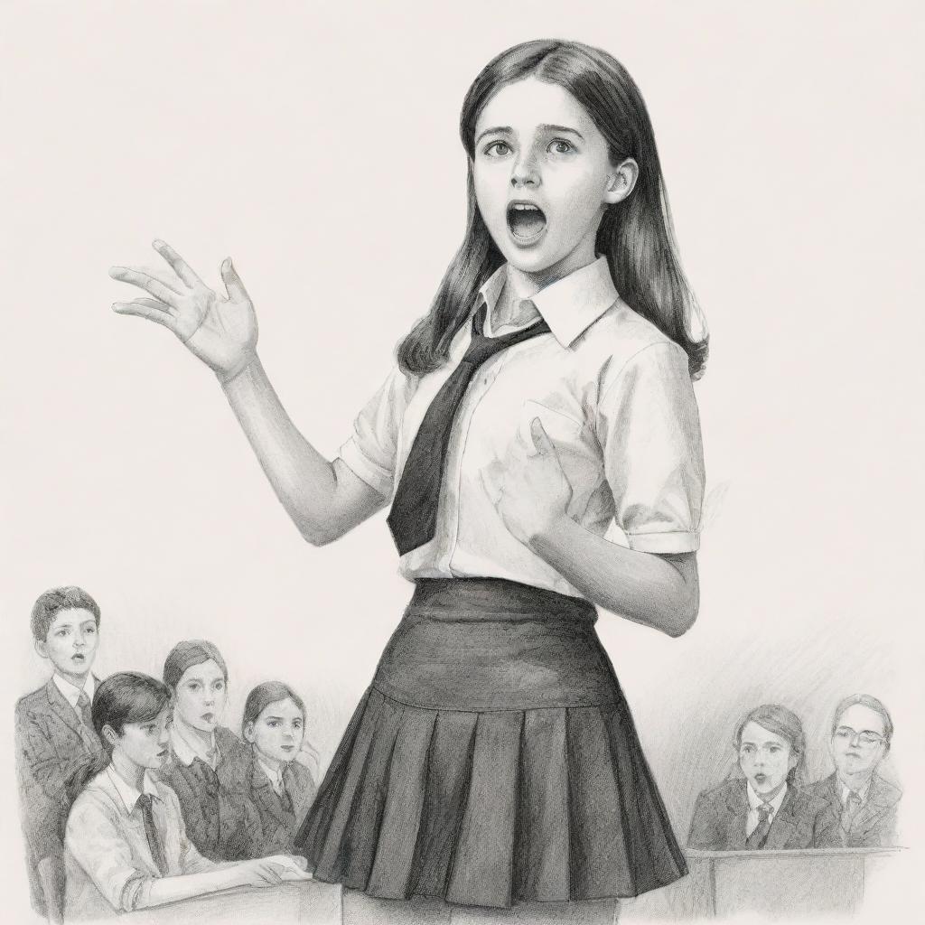 Artistic drawing of a schoolgirl passionately debating in a competition, distinguishable by her school uniform and expressive body language.