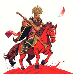 A striking t-shirt design featuring Kwan Kong riding a red horse and wielding a large traditional Chinese saber