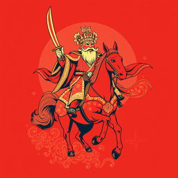 A striking t-shirt design featuring Kwan Kong riding a red horse and wielding a large traditional Chinese saber