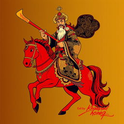 A striking t-shirt design featuring Kwan Kong riding a red horse and wielding a large traditional Chinese saber