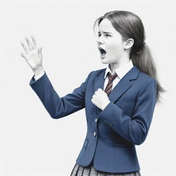 Artistic drawing of a schoolgirl passionately debating in a competition, distinguishable by her school uniform and expressive body language.