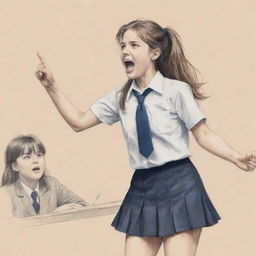 Artistic drawing of a schoolgirl passionately debating in a competition, distinguishable by her school uniform and expressive body language.