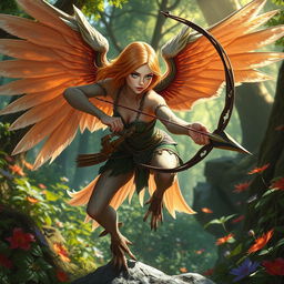 A female Dungeons and Dragons harpy archer with bird-like legs, poised elegantly and ready to release an arrow