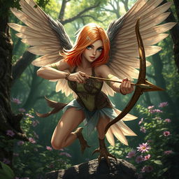 A female Dungeons and Dragons harpy archer with bird-like legs, poised elegantly and ready to release an arrow