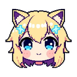 Anime pixelated chibi girl emote for Twitch, with adorable blonde hair and sparkling blue eyes, featuring playful cat ears