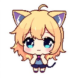 Anime pixelated chibi girl emote for Twitch, with adorable blonde hair and sparkling blue eyes, featuring playful cat ears