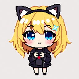 Anime pixelated chibi girl emote for Twitch, with adorable blonde hair and sparkling blue eyes, featuring playful cat ears