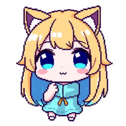 Anime pixelated chibi girl emote for Twitch, with adorable blonde hair and sparkling blue eyes, featuring playful cat ears