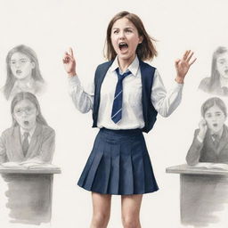 Artistic drawing of a schoolgirl passionately debating in a competition, distinguishable by her school uniform and expressive body language.