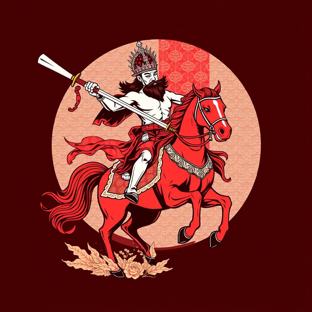 A bold t-shirt design featuring Kwan Kong riding a red horse, wielding a large traditional Chinese saber