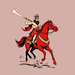 A bold t-shirt design featuring Kwan Kong riding a red horse, wielding a large traditional Chinese saber