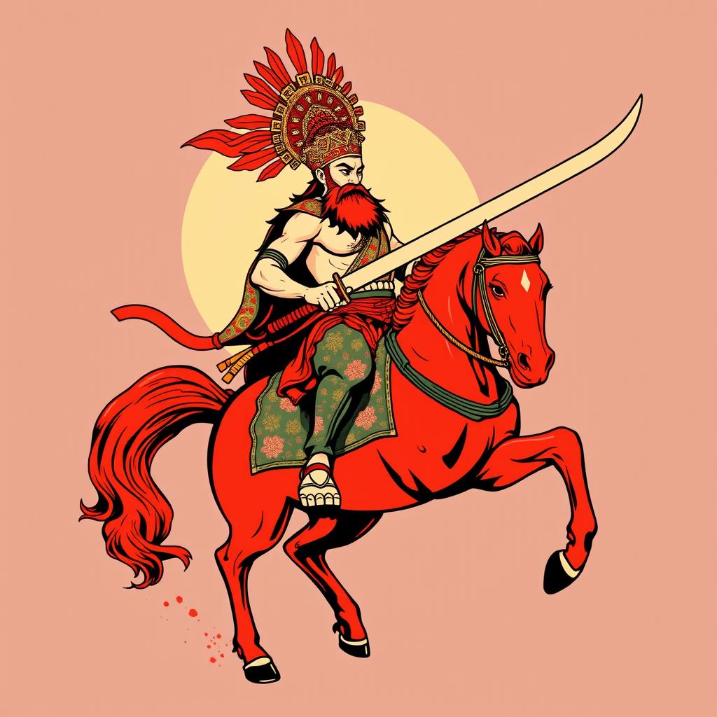 A bold t-shirt design featuring Kwan Kong riding a red horse, wielding a large traditional Chinese saber