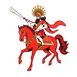 A bold t-shirt design featuring Kwan Kong riding a red horse, wielding a large traditional Chinese saber