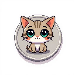 A pixelated 2D coin icon featuring an adorable cartoon cat with large, expressive eyes