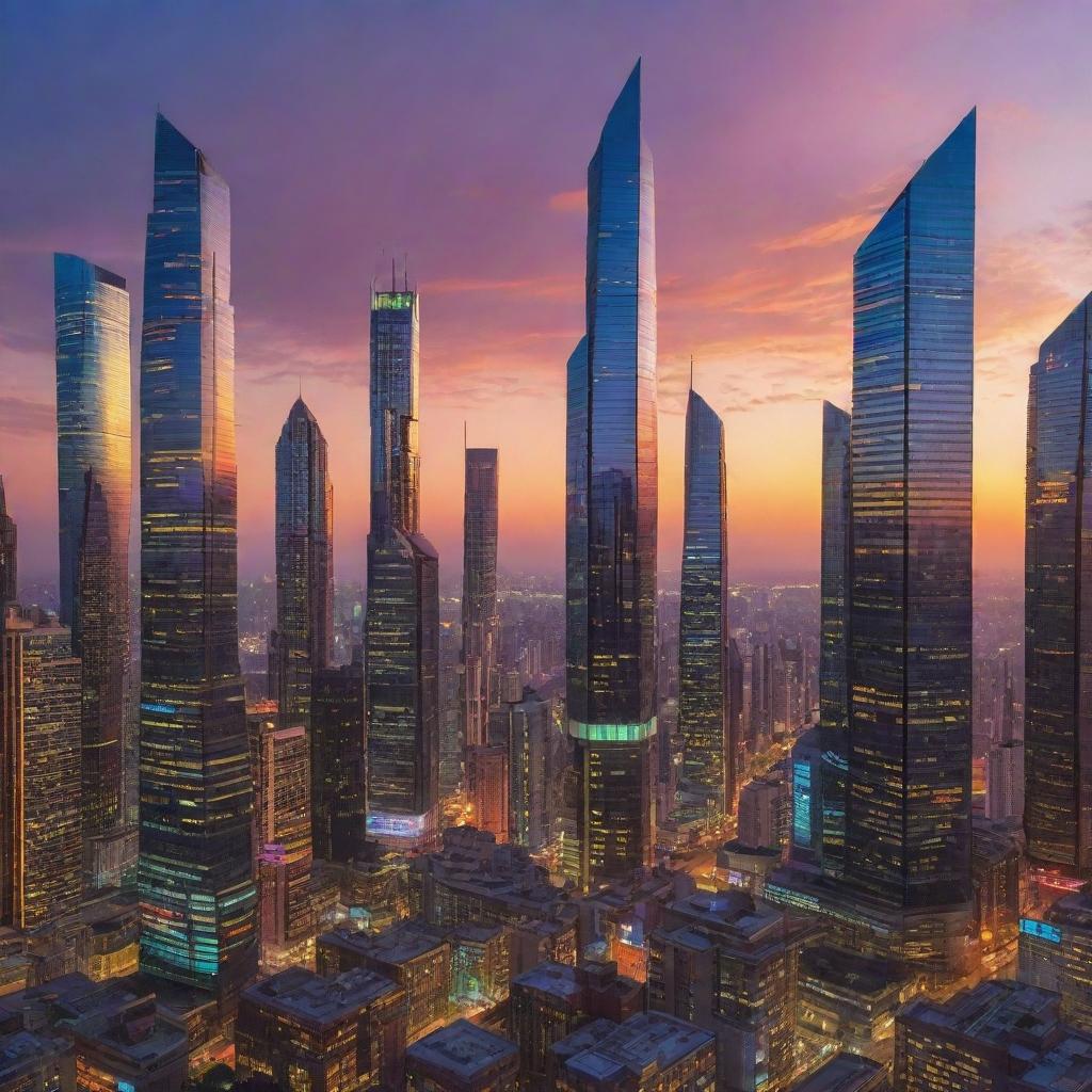 Brightly colored, fantastical cityscape at sunset, with unique, futuristic skyscrapers gently bathed in the evening glow.