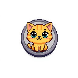 A pixelated 2D coin icon featuring an adorable cartoon cat with large, expressive eyes