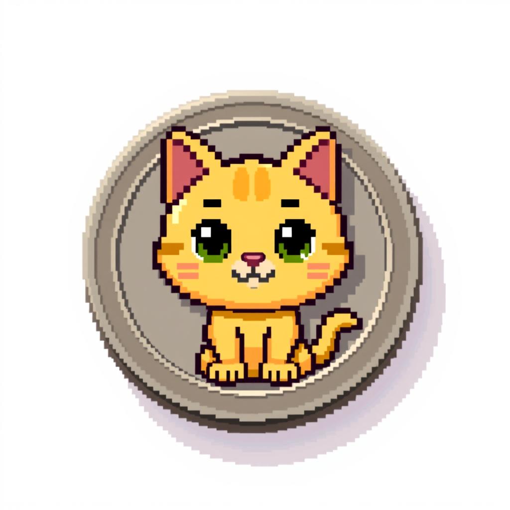 A pixelated 2D coin icon featuring an adorable cartoon cat with large, expressive eyes