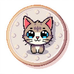 A pixelated 2D coin icon featuring an adorable cartoon cat with large, expressive eyes