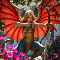 A female Dungeons and Dragons harpy archer with dragon-like scaled legs, poised to shoot an arrow in a Greek mythology setting