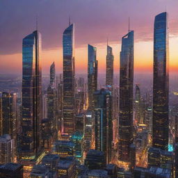 Brightly colored, fantastical cityscape at sunset, with unique, futuristic skyscrapers gently bathed in the evening glow.