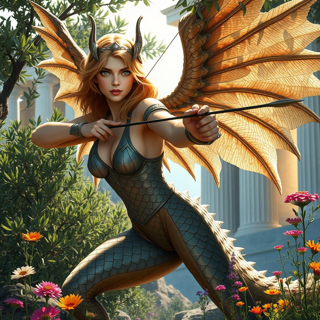 A female Dungeons and Dragons harpy archer with dragon-like scaled legs, poised to shoot an arrow in a Greek mythology setting