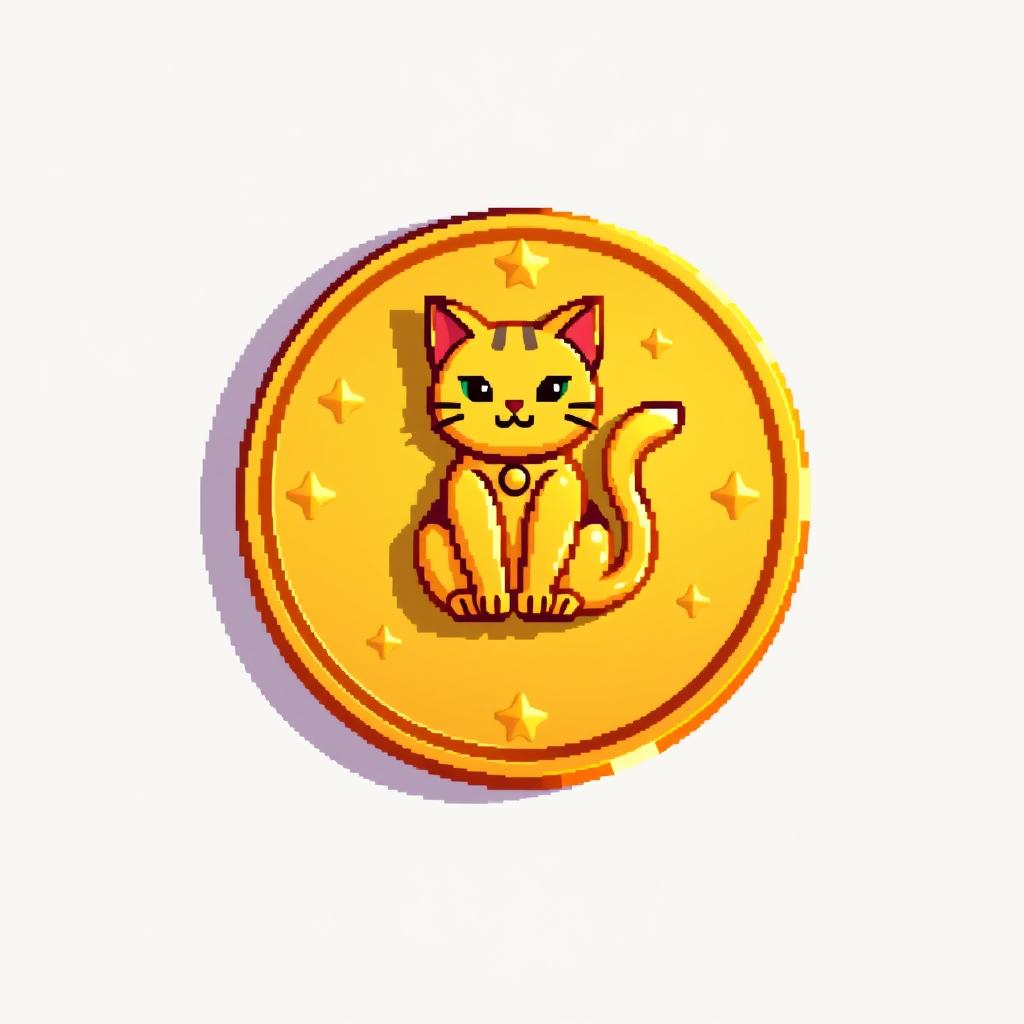 A pixelated 2D gold coin icon featuring a cat at its center, casting a small shadow to one side