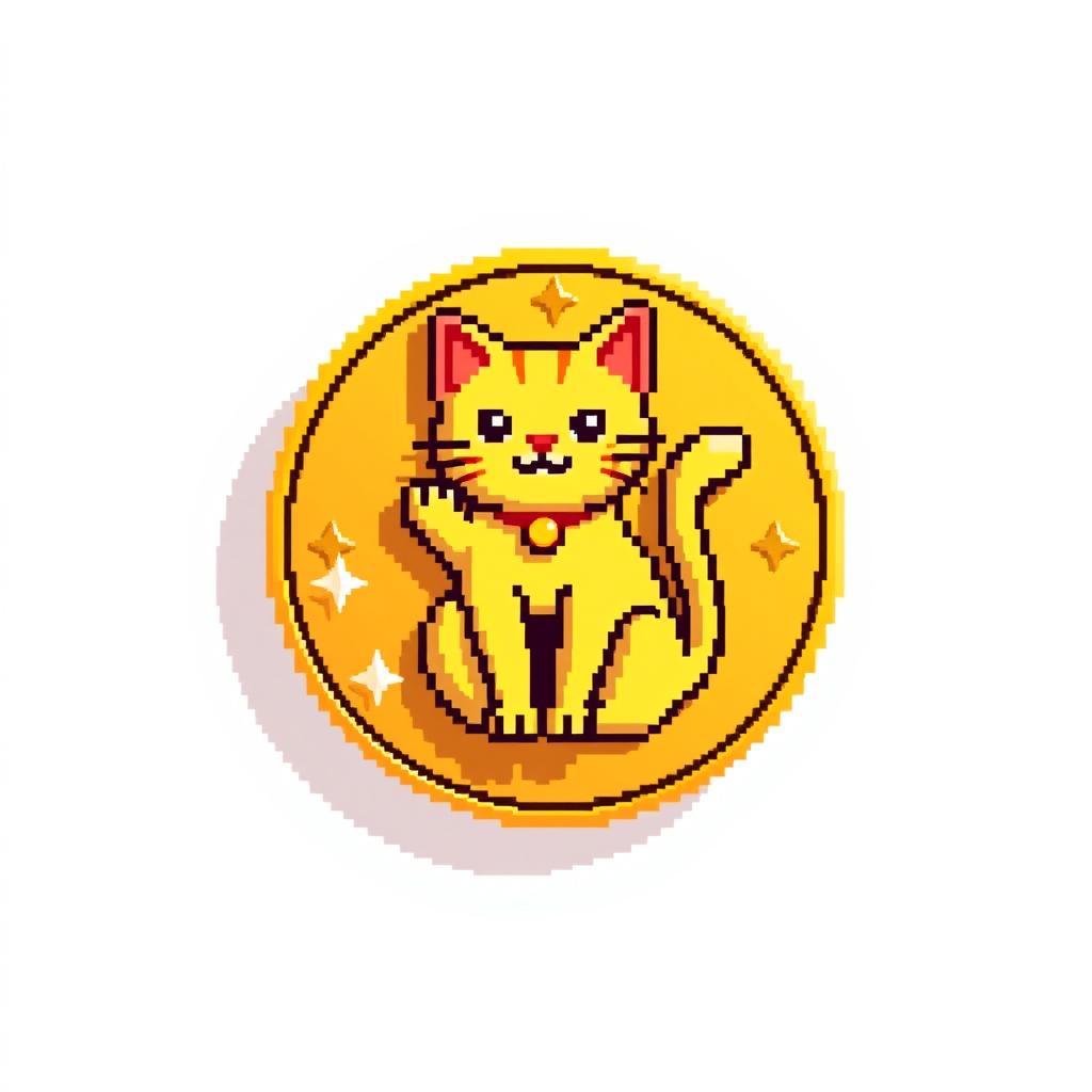 A pixelated 2D gold coin icon featuring a cat at its center, casting a small shadow to one side