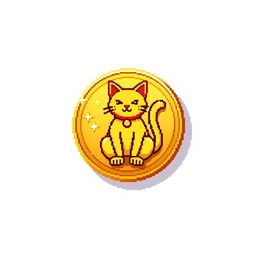 A pixelated 2D gold coin icon featuring a cat at its center, casting a small shadow to one side