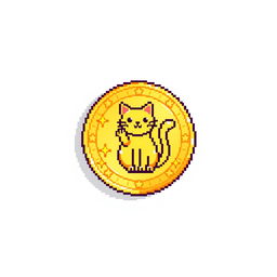 A pixelated 2D gold coin icon featuring a cat at its center, casting a small shadow to one side