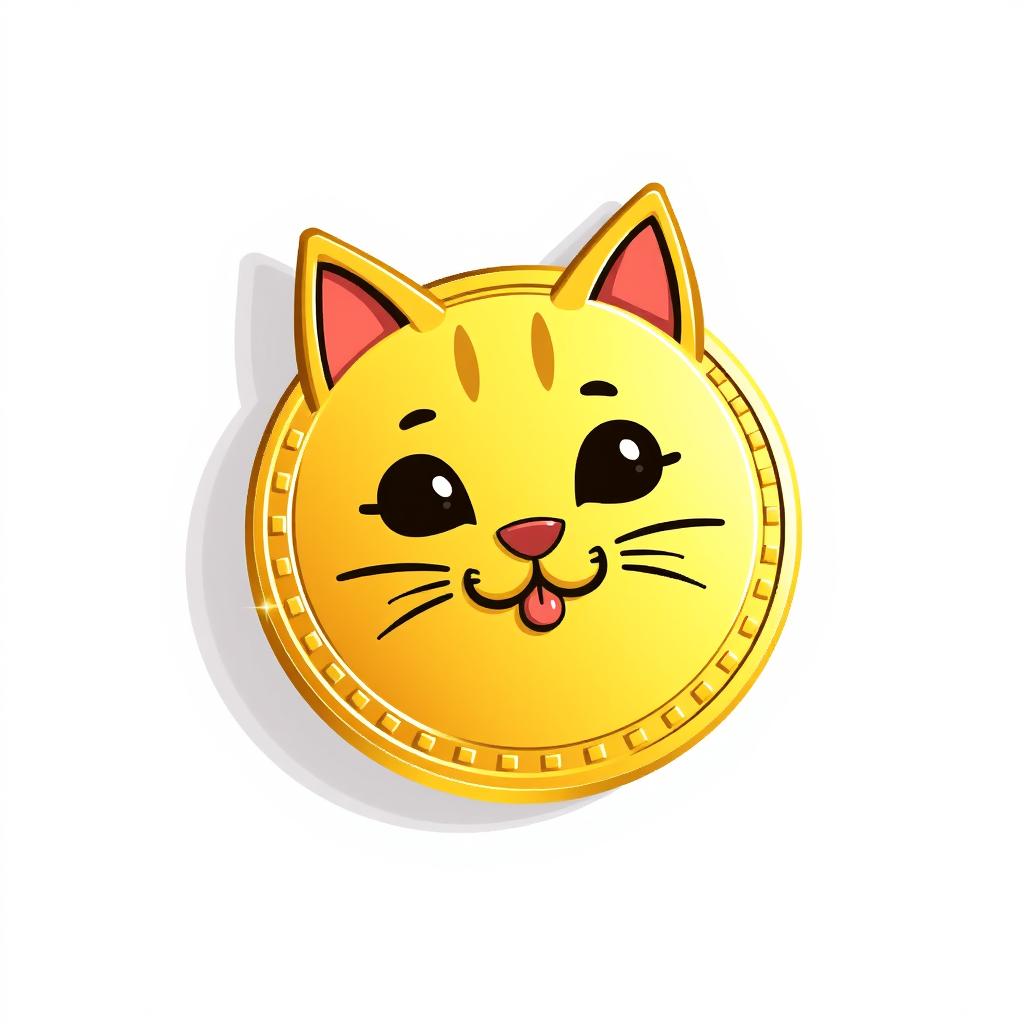 pixelated 2D gold coin icon featuring a playful cat face, complete with a subtle drop shadow