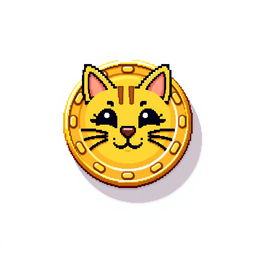 pixelated 2D gold coin icon featuring a playful cat face, complete with a subtle drop shadow