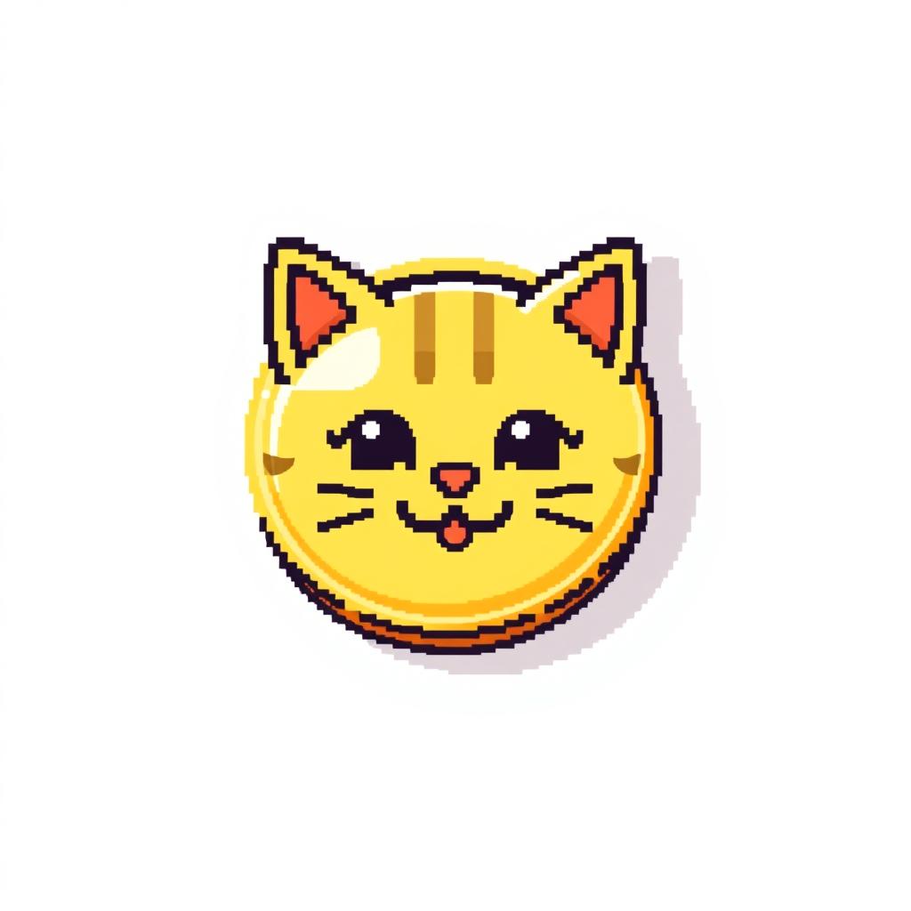 pixelated 2D gold coin icon featuring a playful cat face, complete with a subtle drop shadow