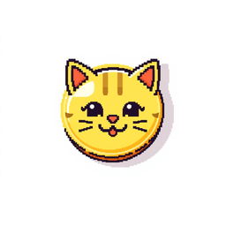 pixelated 2D gold coin icon featuring a playful cat face, complete with a subtle drop shadow