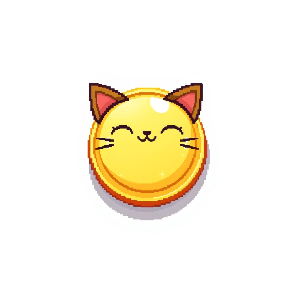 pixelated 2D gold coin icon featuring a playful cat face, complete with a subtle drop shadow