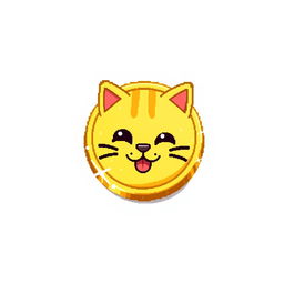 pixelated 2D gold coin icon featuring a playful cat face, complete with a subtle drop shadow