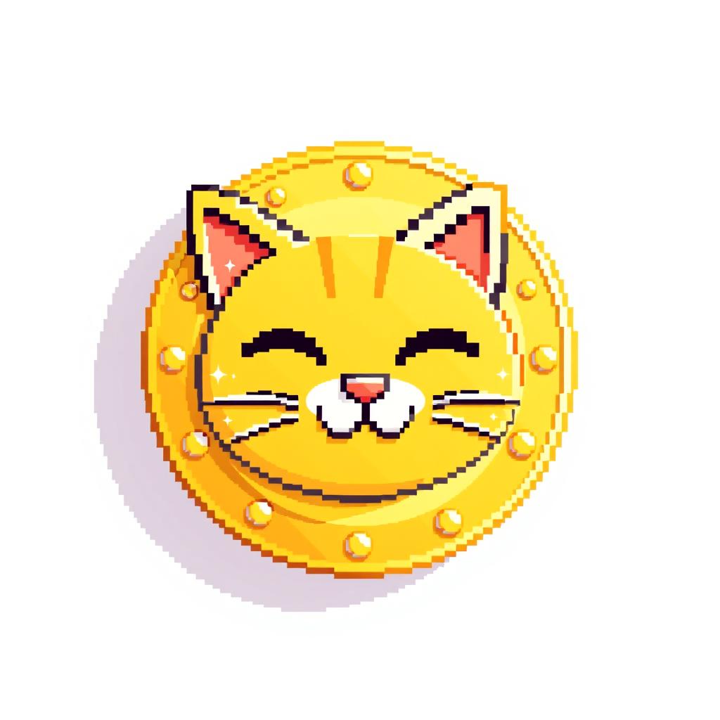 pixelated 2D gold coin icon featuring an adorable cat face, highlighted with a soft shadow to give it a three-dimensional effect