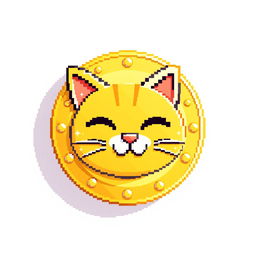 pixelated 2D gold coin icon featuring an adorable cat face, highlighted with a soft shadow to give it a three-dimensional effect