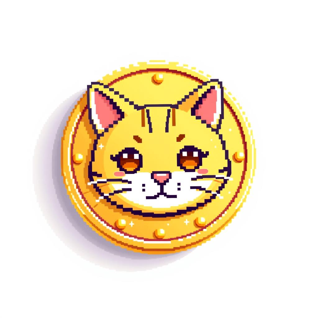 pixelated 2D gold coin icon featuring an adorable cat face, highlighted with a soft shadow to give it a three-dimensional effect