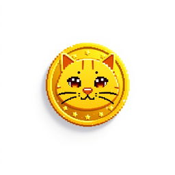 pixelated 2D gold coin icon featuring an adorable cat face, highlighted with a soft shadow to give it a three-dimensional effect