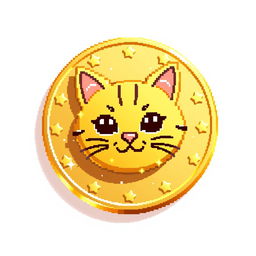 pixelated 2D gold coin icon featuring an adorable cat face, highlighted with a soft shadow to give it a three-dimensional effect