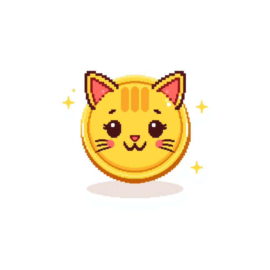 pixelated 2D gold coin icon showcasing a cute cat face, adorned with a gentle shadow beneath it