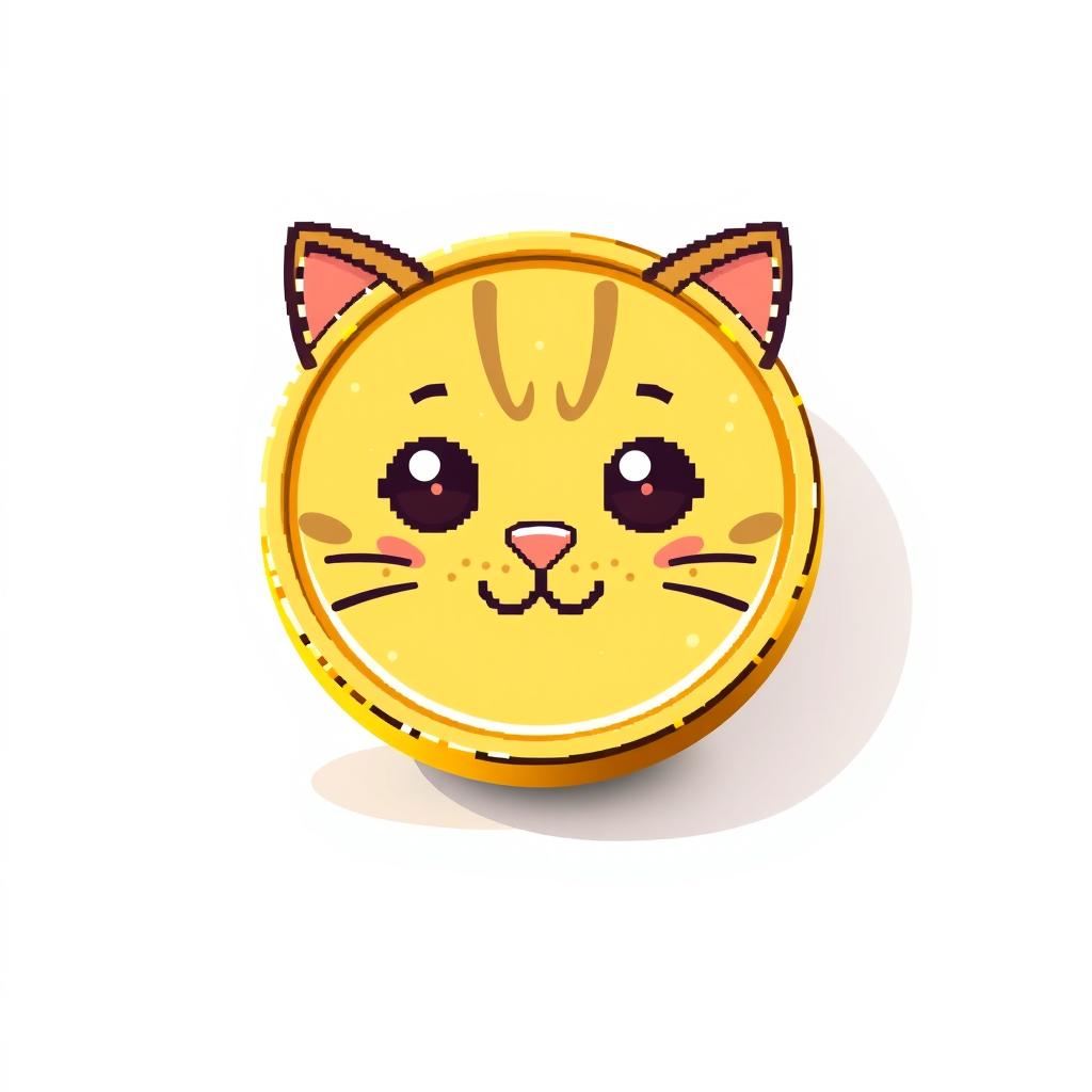 pixelated 2D gold coin icon showcasing a cute cat face, adorned with a gentle shadow beneath it