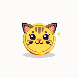 pixelated 2D gold coin icon showcasing a cute cat face, adorned with a gentle shadow beneath it