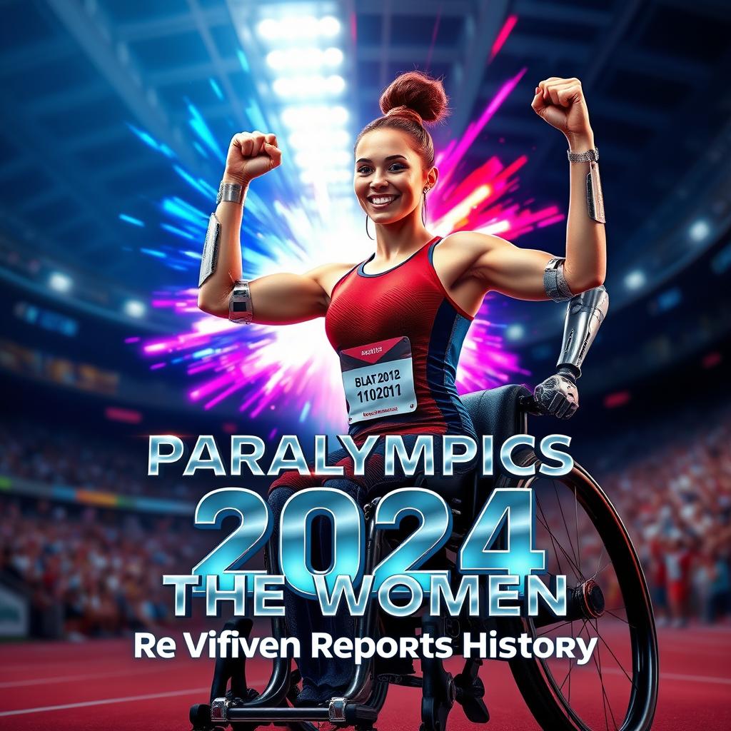 A powerful female Paralympian in a triumphant pose, displaying her strength and determination