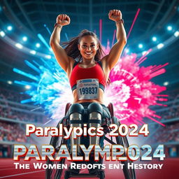 A powerful female Paralympian in a triumphant pose, displaying her strength and determination